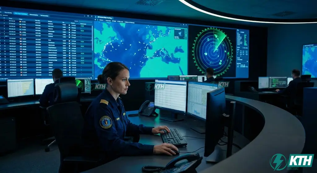 Giám sát Cáp ngầm biển 2026: Công nghệ DAS & Quy trình Bảo vệ 24/7 3 Kỹ sư KTH Electric giám sát hệ thống AIS và Radar cảnh báo sớm tàu xâm phạm hành lang an toàn cáp biển.