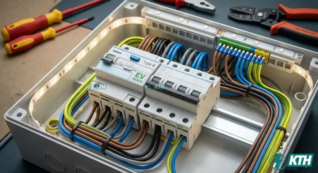 Tủ điện trạm sạc xe điện lắp đặt Aptomat chống giật RCD Type B chuyên dụng cho dòng rò DC.