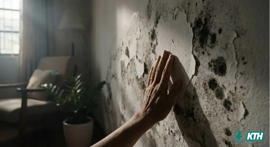 Cận cảnh tường nhà bị thấm nước bong tróc sơn và nấm mốc đen gây mất thẩm mỹ cần xử lý chống thấm gấp.