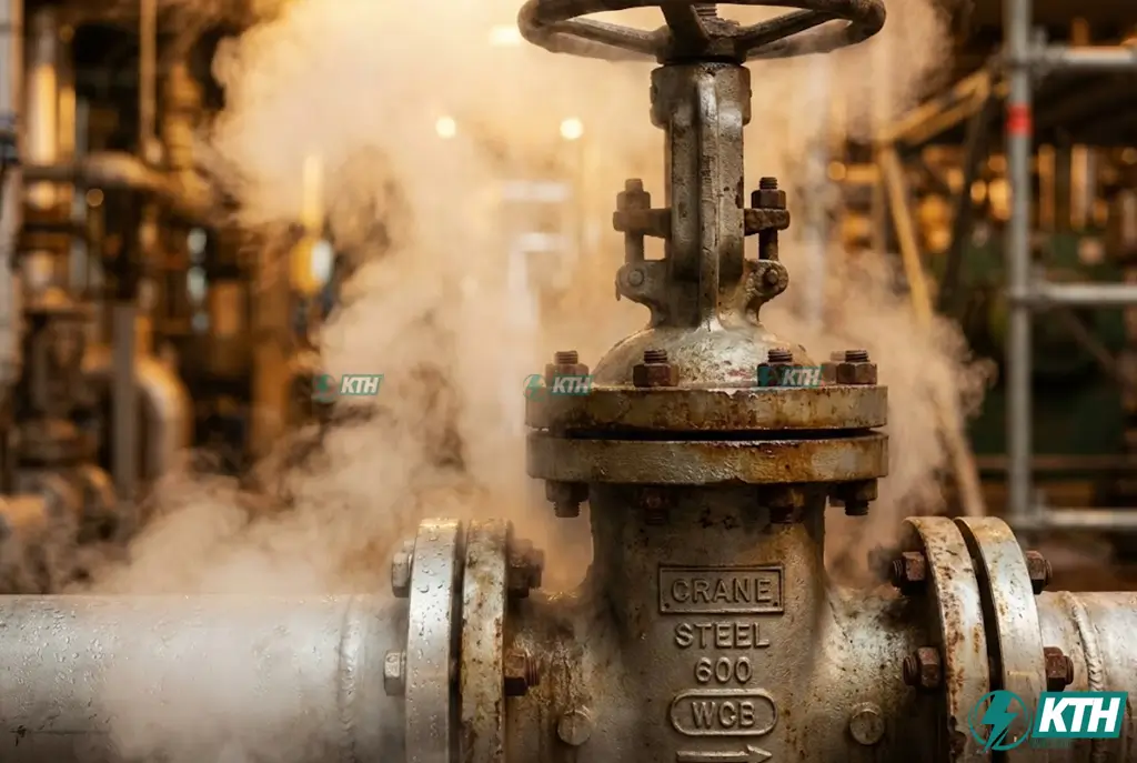 Cận cảnh van cầu hơi nóng công nghiệp chịu nhiệt độ và áp suất cao trong môi trường khắc nghiệt, với hơi nước bốc lên xung quanh.