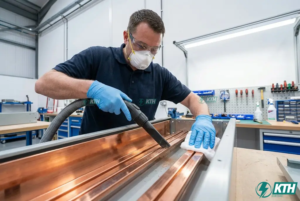 Quy trình vệ sinh thanh dẫn điện busway bằng thiết bị chuyên dụng giúp loại bỏ bụi bẩn và ngăn ngừa phóng điện bề mặt.