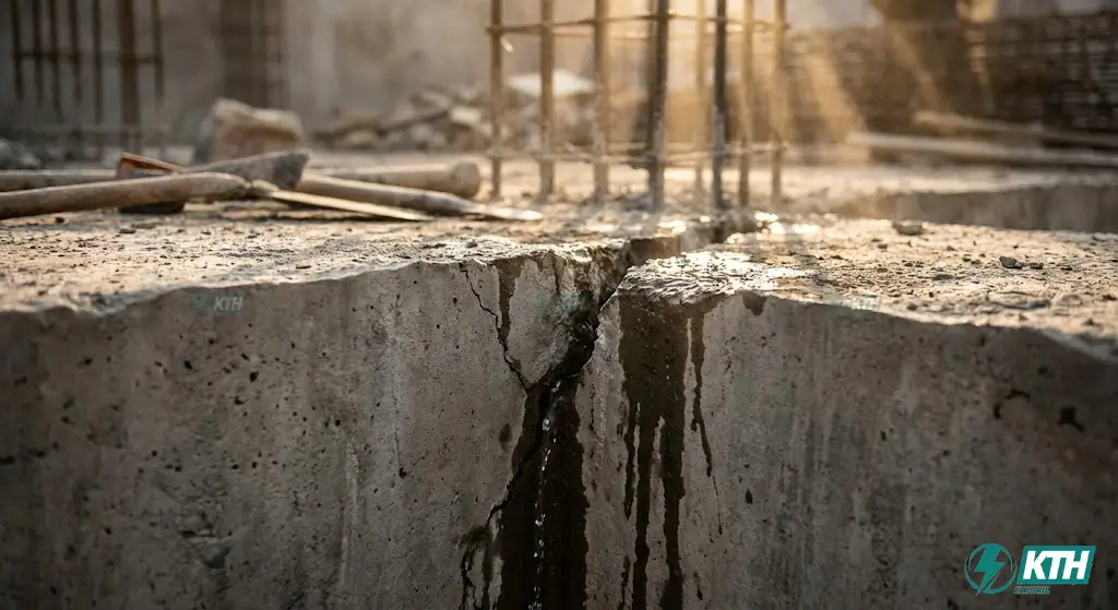Cận cảnh vết nứt kết cấu bê tông hồ bơi nghiêm trọng gây rò rỉ nước cần xử lý chống thấm gấp.