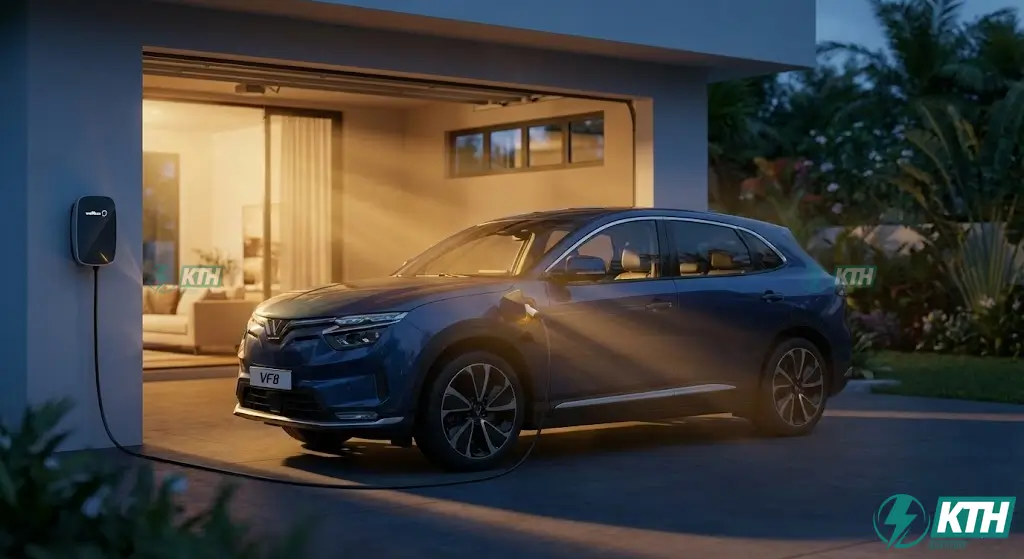 Xe điện VinFast VF8 đang sạc pin bằng bộ sạc Wallbox treo tường tại gara nhà phố biệt thự hiện đại.